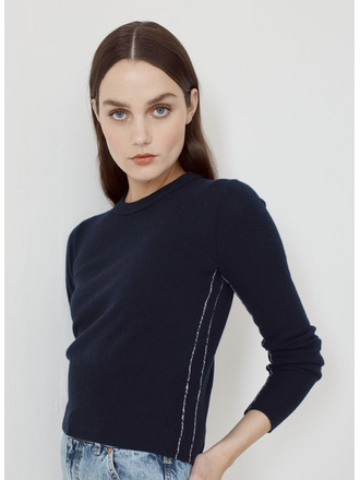 AUTUMN CASHMERE CASHMERE CREW W/CONTRAST SIDE SEAM IN NAVY/CHALK