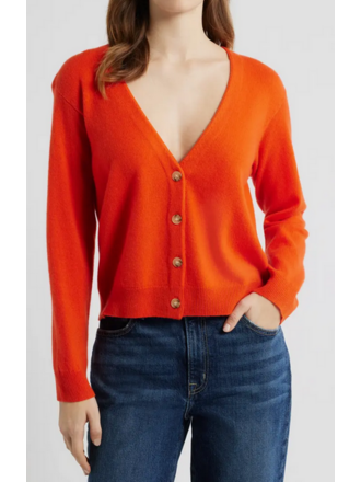 THE GREAT THE CASHMERE TINY V-NECK CARDIGAN IN HOT ORANGE AND SOFT BLUE