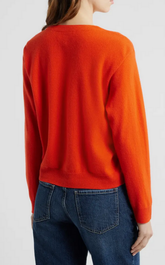 THE GREAT THE CASHMERE TINY V-NECK CARDIGAN IN HOT ORANGE AND SOFT BLUE