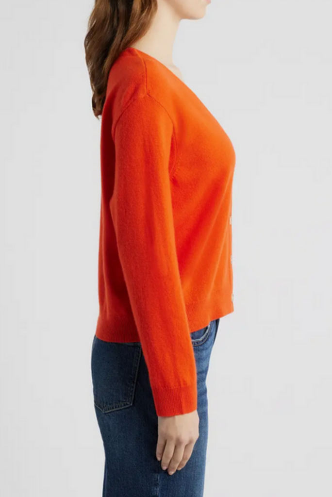 THE GREAT THE CASHMERE TINY V-NECK CARDIGAN IN HOT ORANGE AND SOFT BLUE