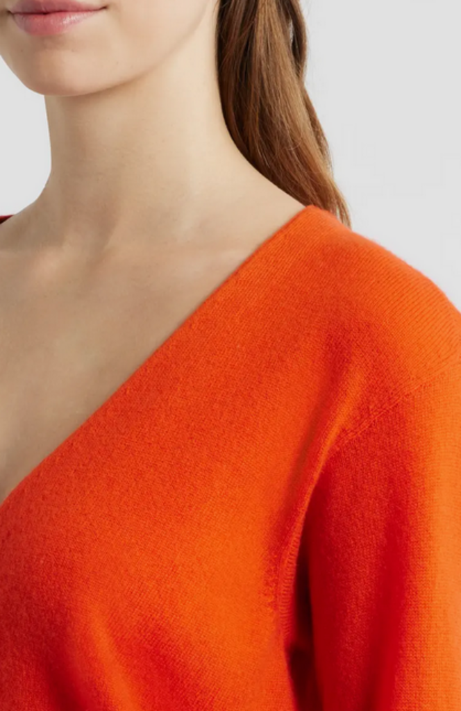 THE GREAT THE CASHMERE TINY V-NECK CARDIGAN IN HOT ORANGE AND SOFT BLUE