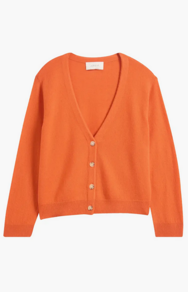 THE GREAT THE CASHMERE TINY V-NECK CARDIGAN IN HOT ORANGE AND SOFT BLUE