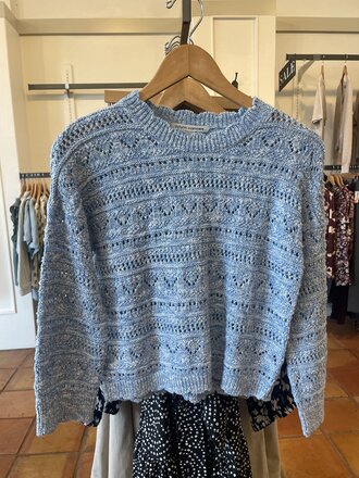 AUTUMN CASHMERE SCALLOP EDGE CROPPED BELL SLEEVE POINTELLE CREW IN BLUE TWEED