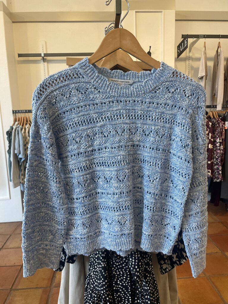 AUTUMN CASHMERE SCALLOP EDGE CROPPED BELL SLEEVE POINTELLE CREW IN BLUE TWEED