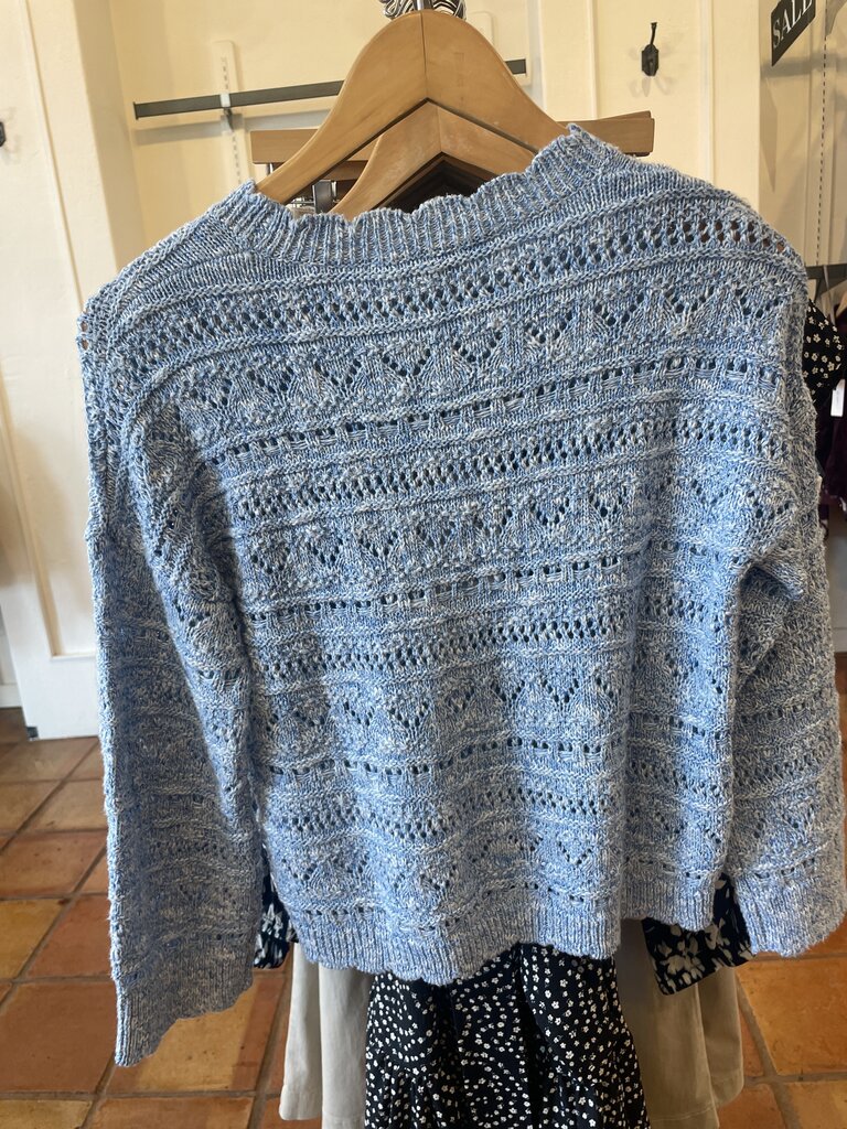 AUTUMN CASHMERE SCALLOP EDGE CROPPED BELL SLEEVE POINTELLE CREW IN BLUE TWEED