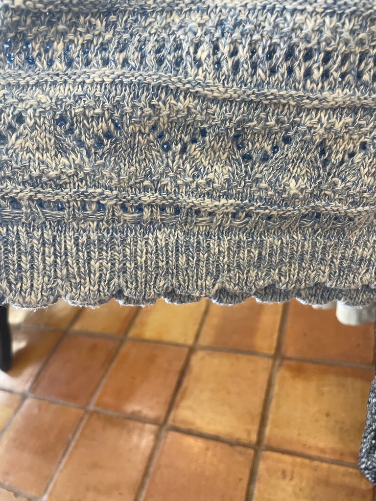 AUTUMN CASHMERE SCALLOP EDGE CROPPED BELL SLEEVE POINTELLE CREW IN BLUE TWEED