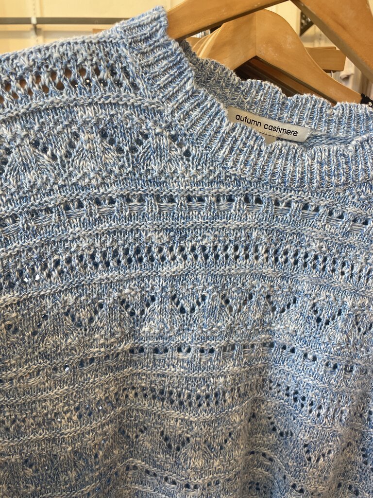 AUTUMN CASHMERE SCALLOP EDGE CROPPED BELL SLEEVE POINTELLE CREW IN BLUE TWEED