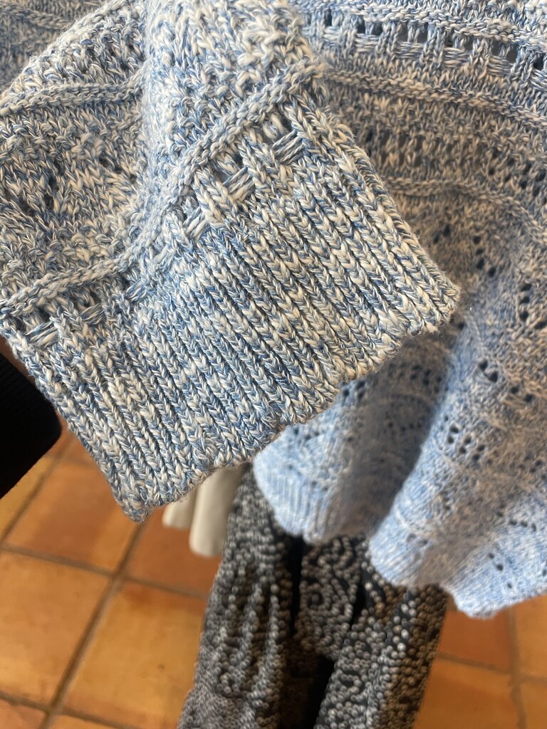 AUTUMN CASHMERE SCALLOP EDGE CROPPED BELL SLEEVE POINTELLE CREW IN BLUE TWEED