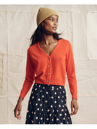 THE GREAT THE CASHMERE TINY V-NECK CARDIGAN IN HOT ORANGE AND SOFT BLUE