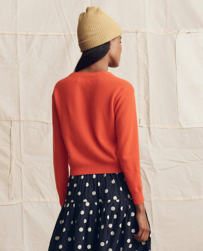 THE GREAT THE CASHMERE TINY V-NECK CARDIGAN IN HOT ORANGE AND SOFT BLUE