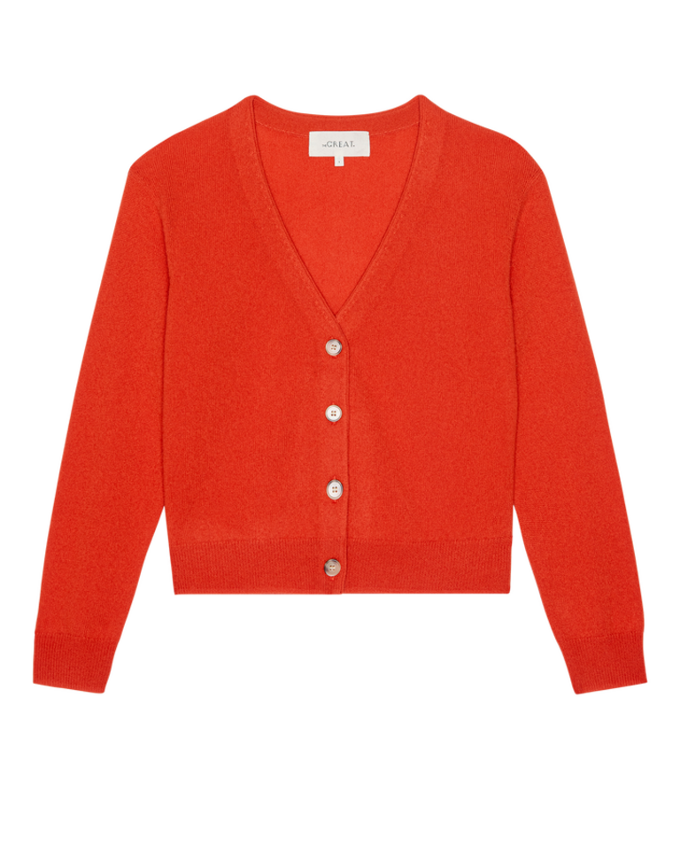 THE GREAT THE CASHMERE TINY V-NECK CARDIGAN IN HOT ORANGE AND SOFT BLUE