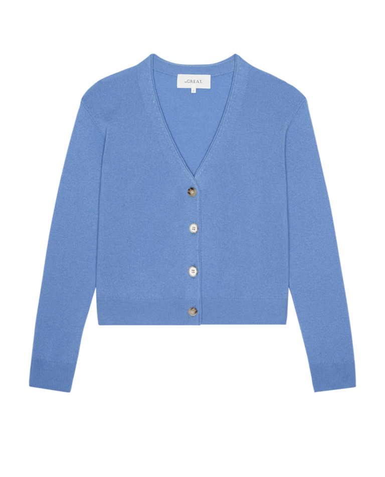 THE GREAT THE CASHMERE TINY V-NECK CARDIGAN IN HOT ORANGE AND SOFT BLUE