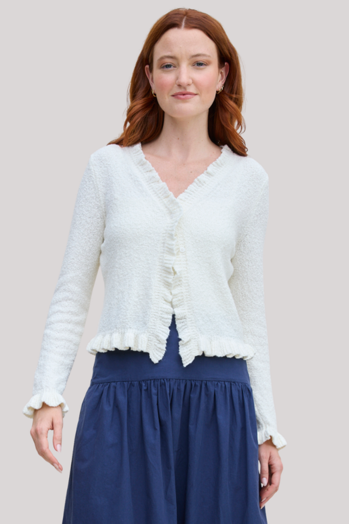 MARGARET O'LEARY RUFFLE CARDIGAN IN MILK