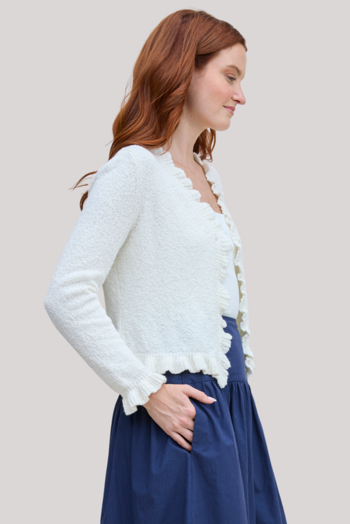 MARGARET O'LEARY RUFFLE CARDIGAN IN MILK