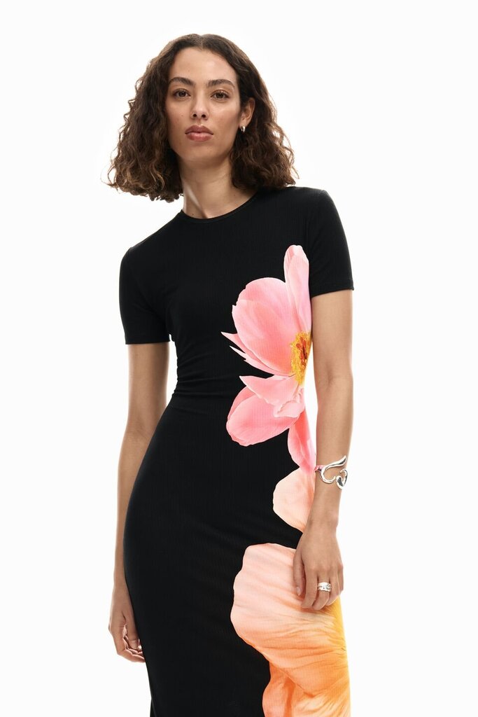DESIGUAL LONG FLORAL DRESS IN BLACK/PINK MULTI