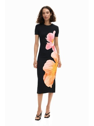 DESIGUAL LONG FLORAL DRESS IN BLACK/PINK MULTI