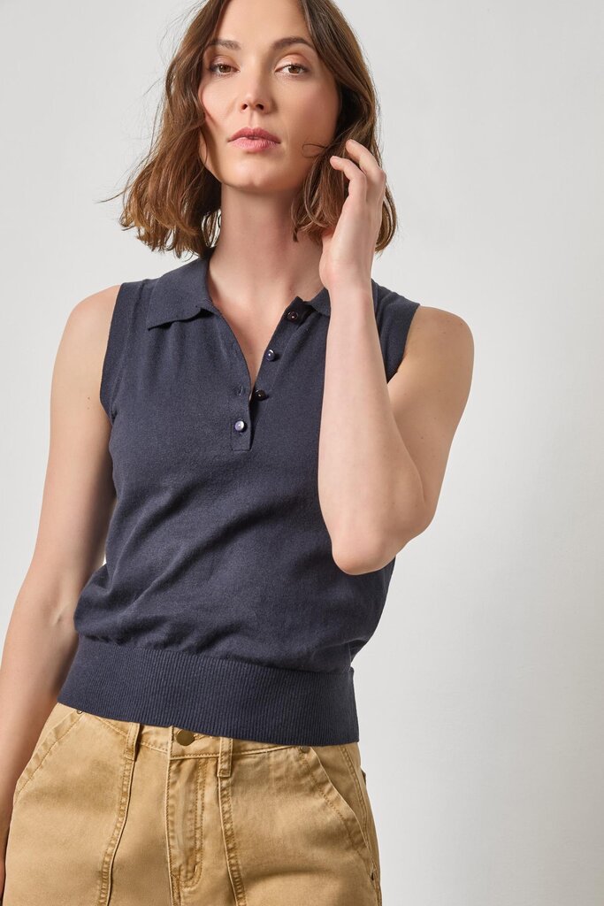 LILLA P SLEEVELESS POLO SWEATER IN NAVY
