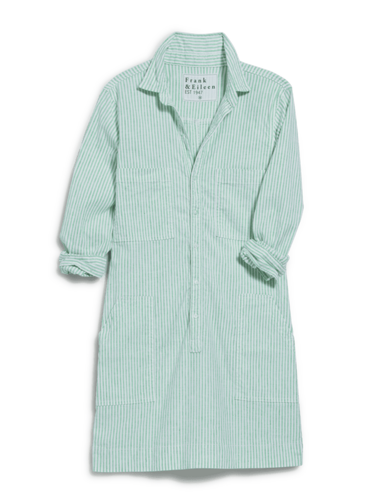 FRANK & EILEEN IRELAND UTILITY DRESS IN LIME STRIPE LINEN