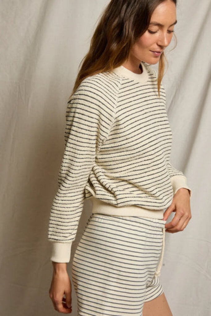 PERFECT WHITE TEE ALEXI FRENCH TERRY STRIPE SWEATSHIRT IN NATURAL/CHARCOAL STRIPE