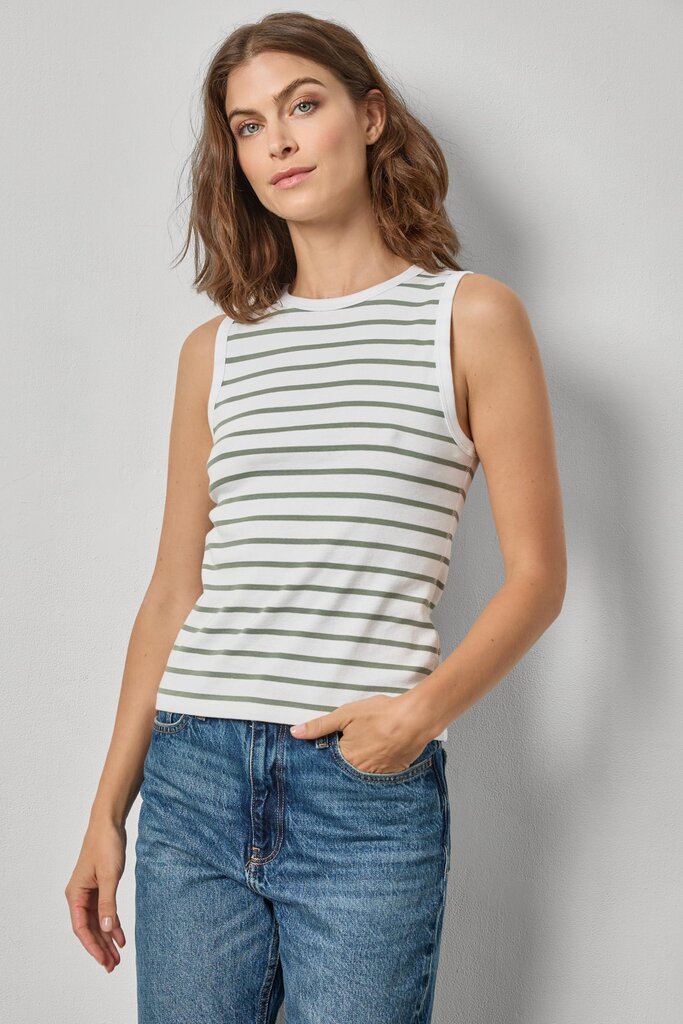 LILLA P RIB STRIPE HIGH NECK TANK IN SAGE STRIPE