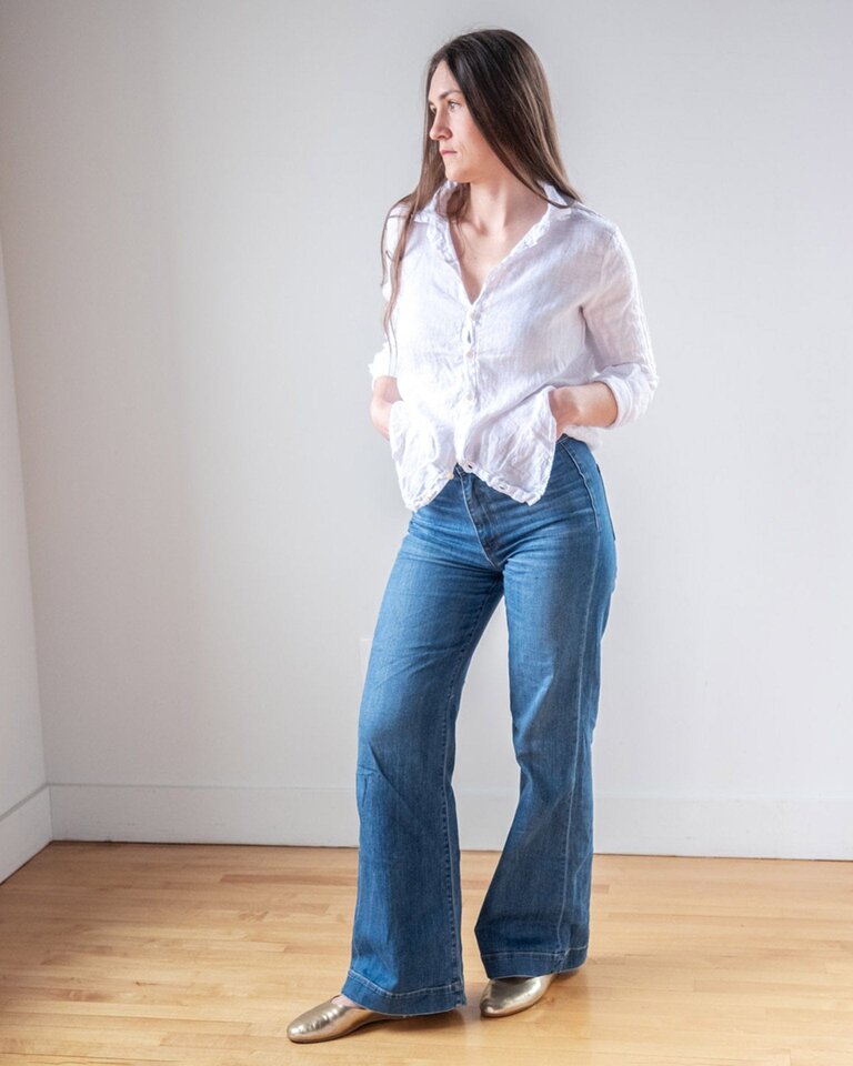 LLEA BLUE DORIE  L/S LINEN BUTTON UP IN WHITE AND CHAMBRAY