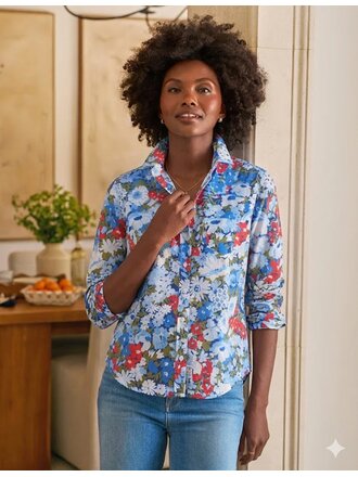 FRANK & EILEEN BARRY TAILORED BUTTON UP IN BLUE AND RED LIBERTY FLORAL