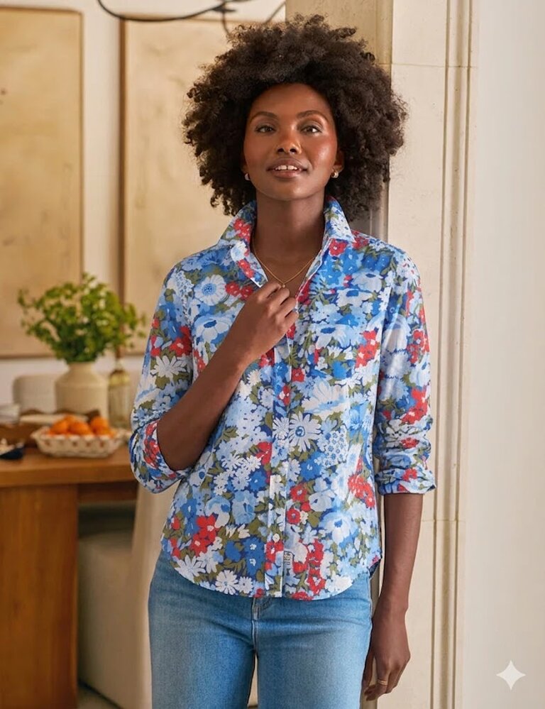 FRANK & EILEEN BARRY TAILORED BUTTON UP IN BLUE AND RED LIBERTY FLORAL