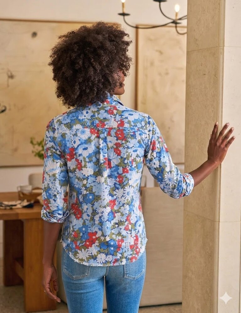 FRANK & EILEEN BARRY TAILORED BUTTON UP IN BLUE AND RED LIBERTY FLORAL