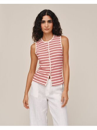 BELLA DAHL SLEEVELESS FITTED BUTTON DOWN IN SUNSET SAIL STRIPE