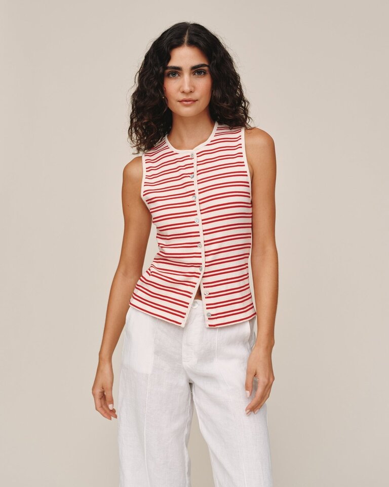 BELLA DAHL SLEEVELESS FITTED BUTTON DOWN IN SUNSET SAIL STRIPE