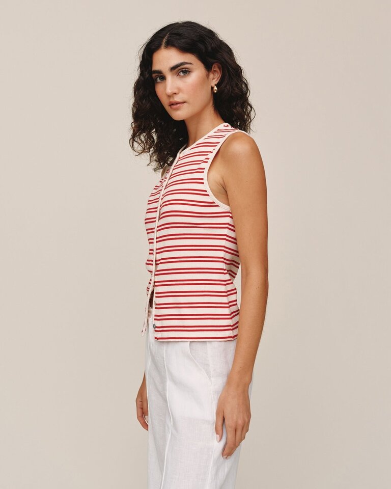 BELLA DAHL SLEEVELESS FITTED BUTTON DOWN IN SUNSET SAIL STRIPE