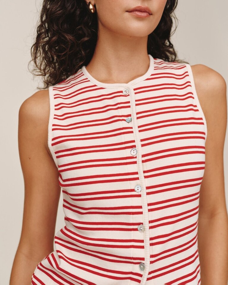 BELLA DAHL SLEEVELESS FITTED BUTTON DOWN IN SUNSET SAIL STRIPE
