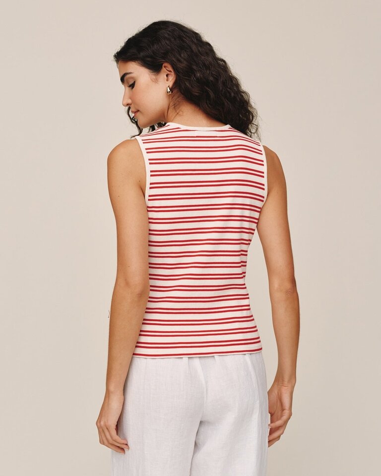 BELLA DAHL SLEEVELESS FITTED BUTTON DOWN IN SUNSET SAIL STRIPE