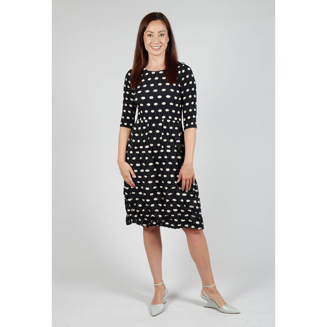 3/4 SLV SMASH POCKET DRESS IN RASPBERRY, INK, BLACK, ELIPTICAL DOT