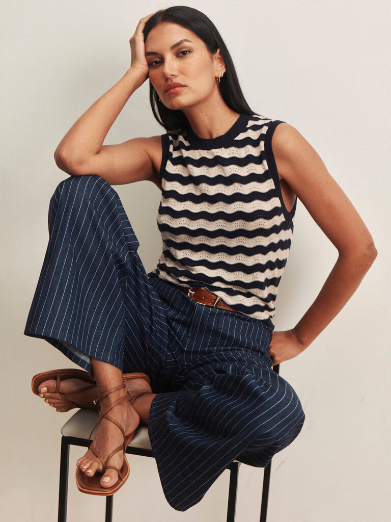 SANCTUARY EVERYDAY CHEVRON KNIT SHELL IN INKSTORM/DARK OPAL  STRIPE