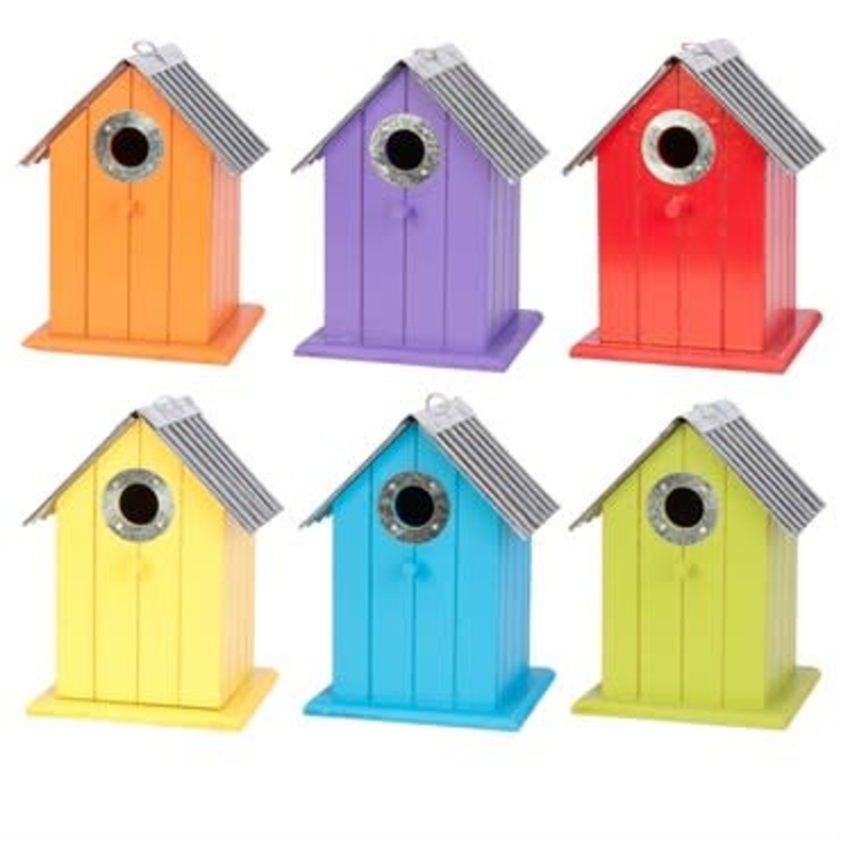 Colorful Wren or Chickadee Bird Houses with Corrugated Metal Roof