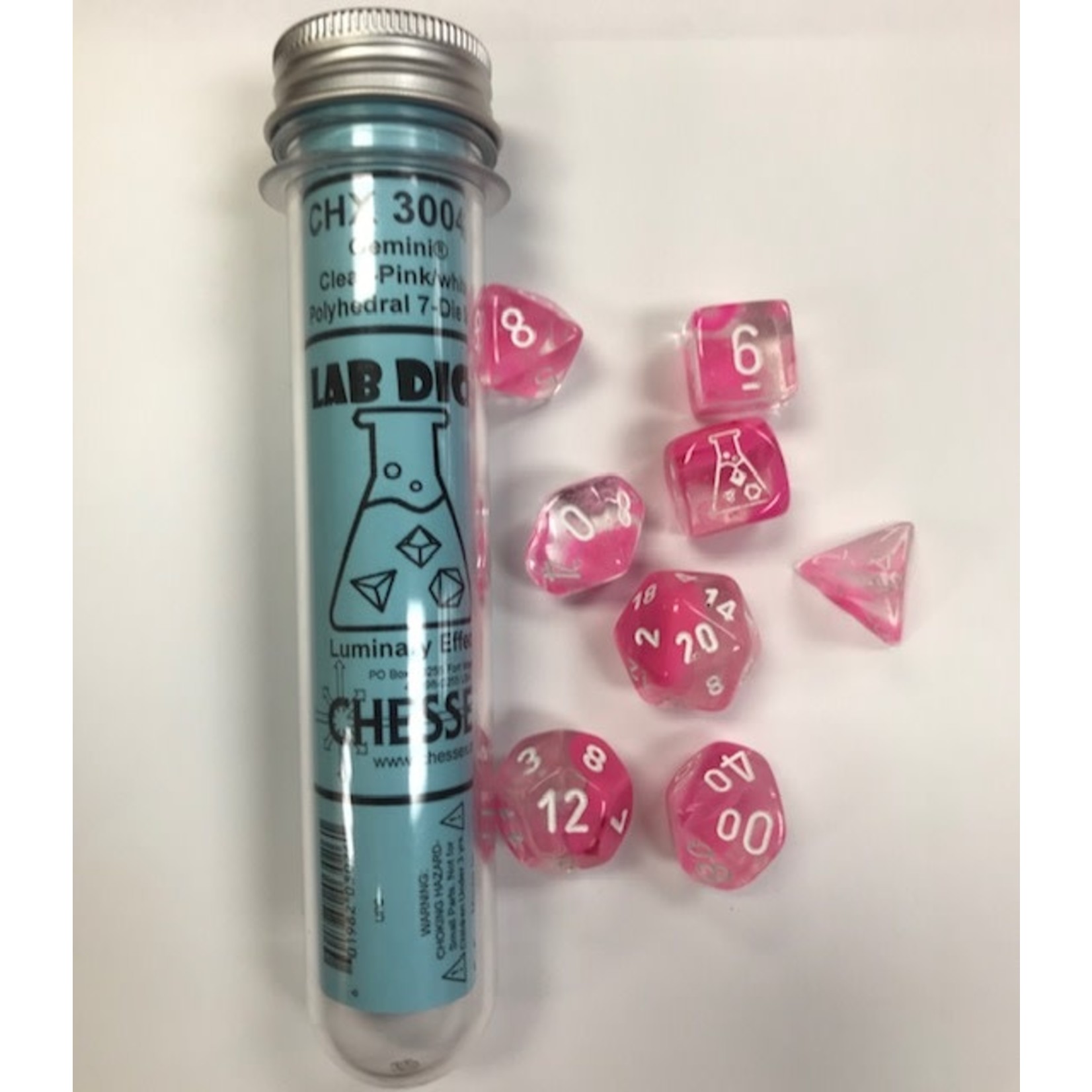 Chessex Lab Dice Gemini: Clear-Pink/White Luminary | 8 Die Polyhedral Set | 30042