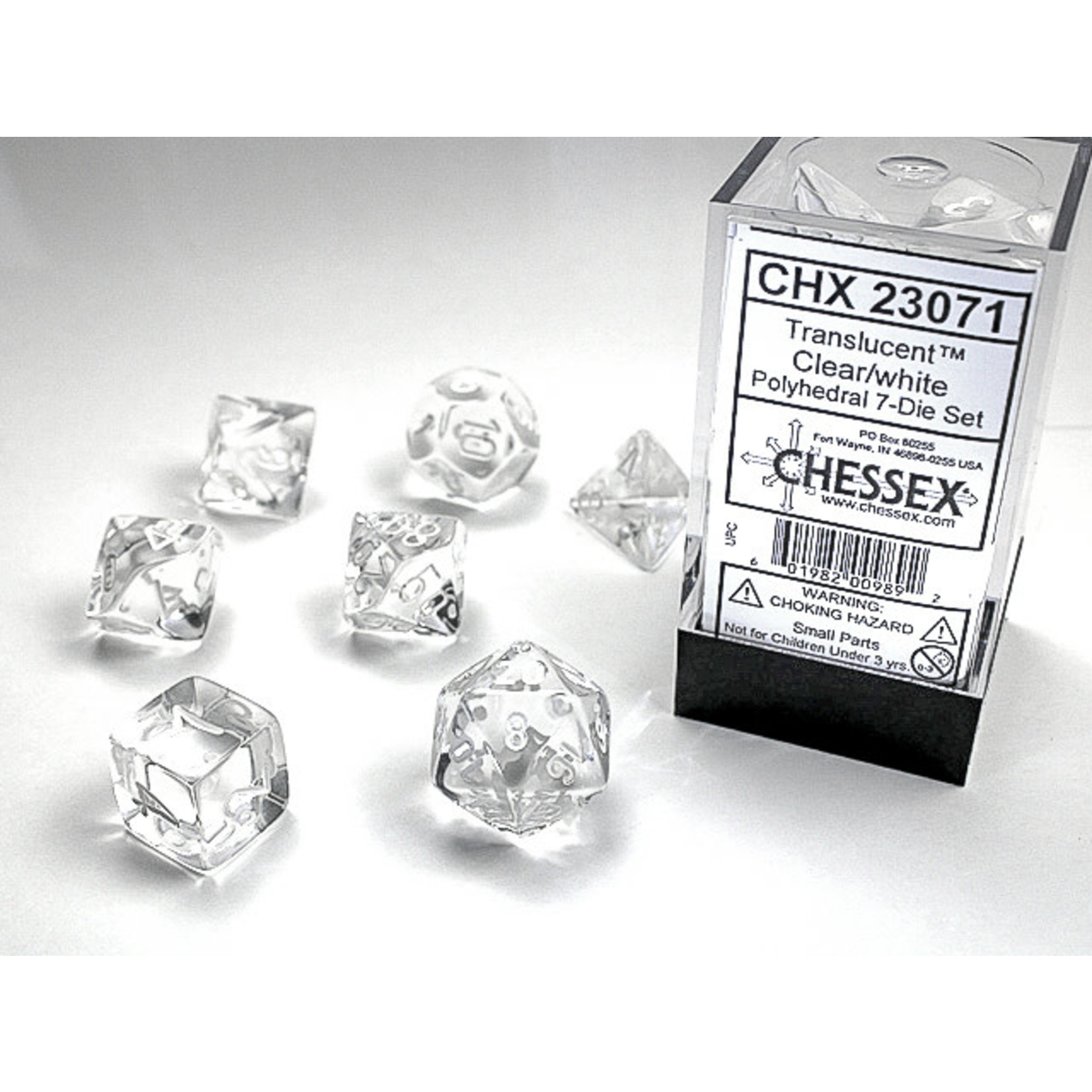 Chessex Translucent Dice: Clear / white | 7 Die Polyhedral Set | 23071