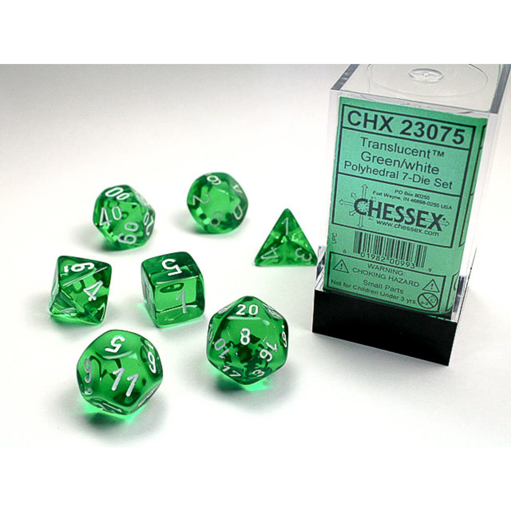 Chessex Translucent Dice: Green / white | 7 Die Polyhedral Set | 23075