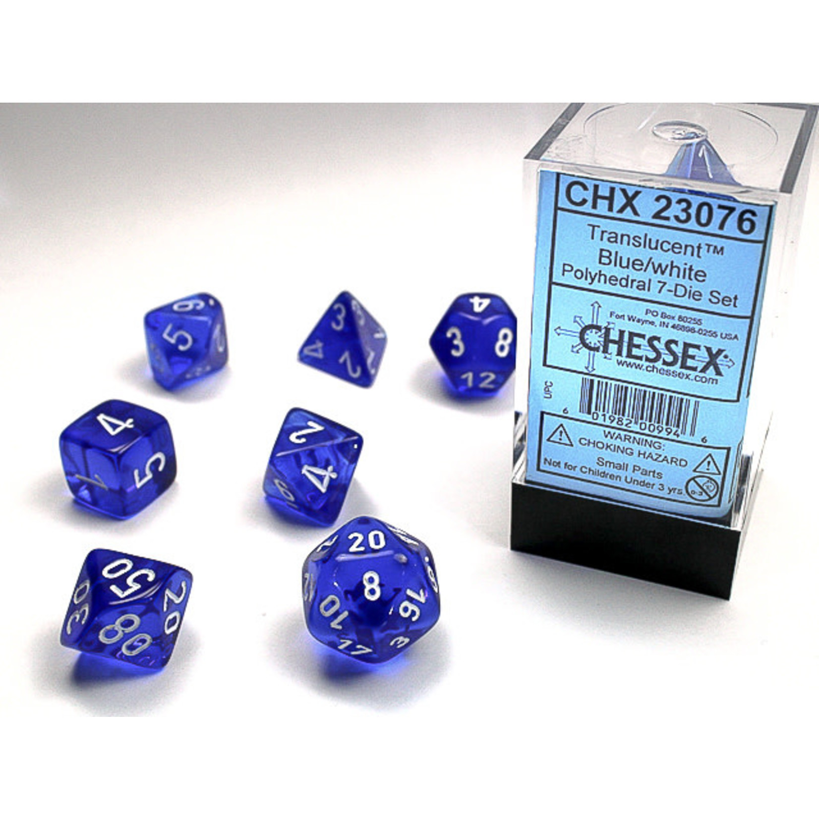Chessex Translucent Dice: Blue / white | 7 Die Polyhedral Set | 23076