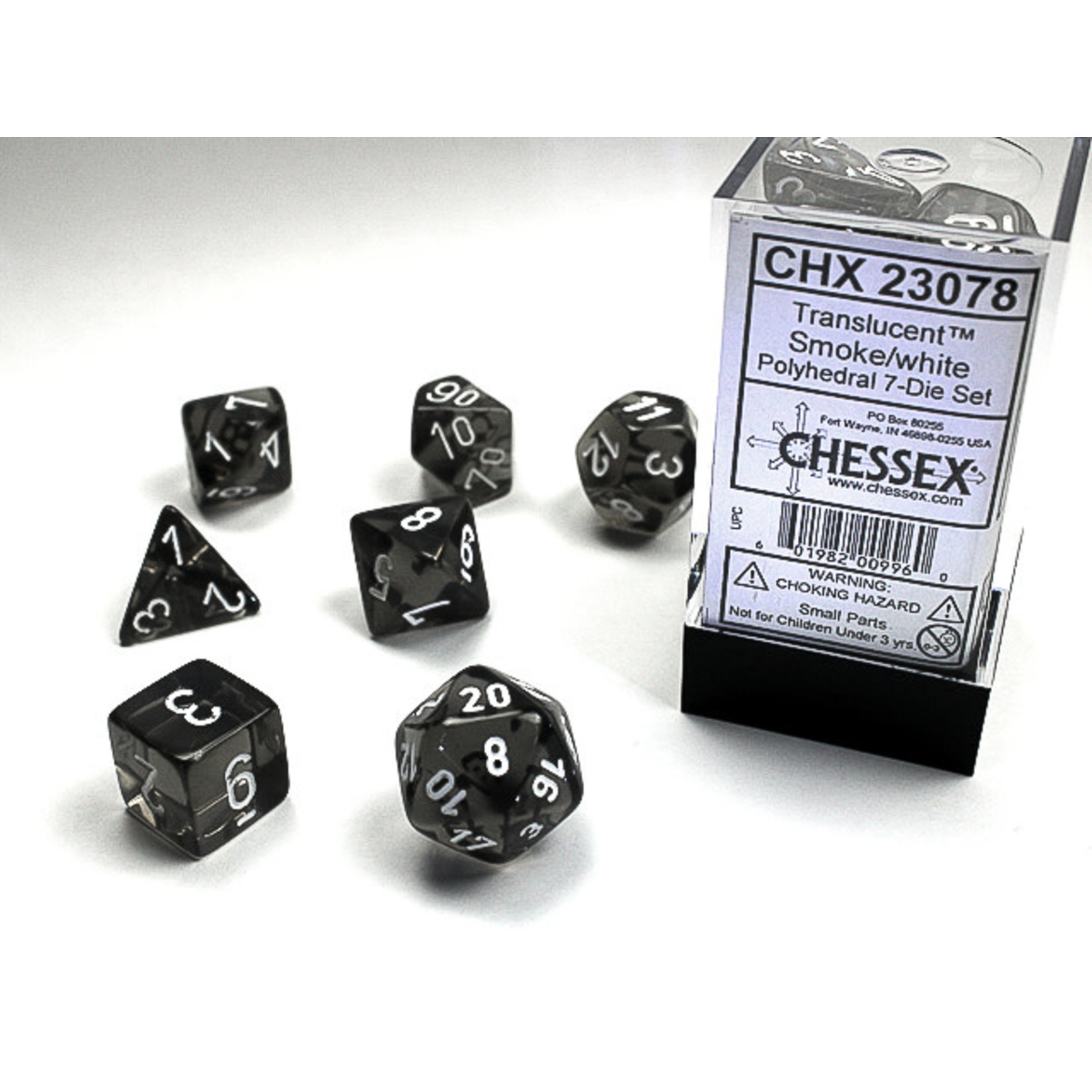 Chessex Translucent Dice: Smoke / white | 7 Die Polyhedral Set | 23078