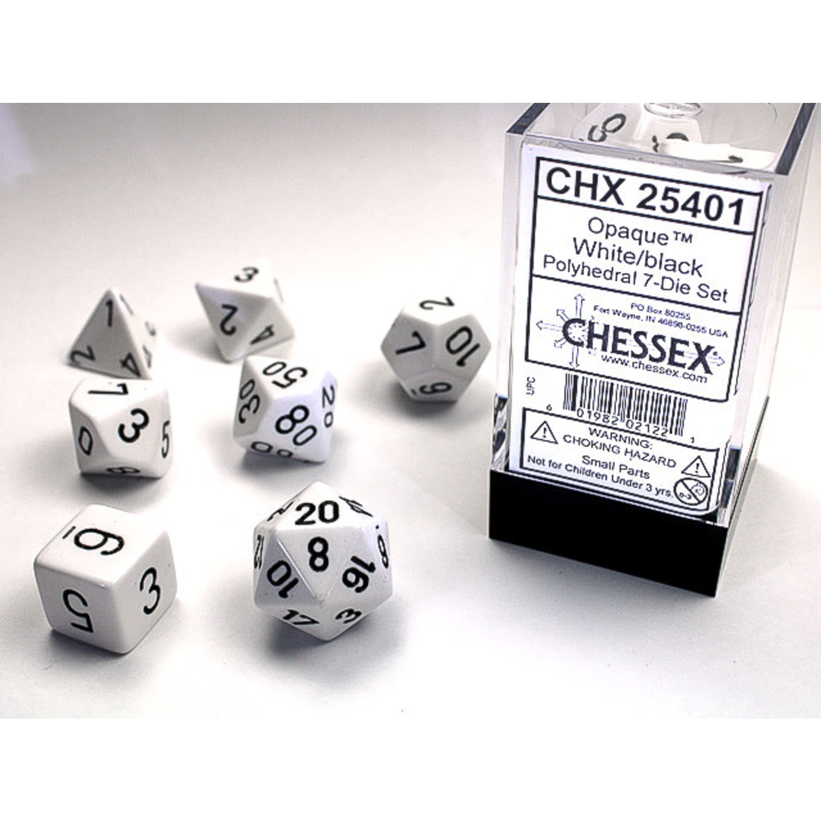 Chessex Opaque Dice: White / black | 7 Die Polyhedral Set | 25401