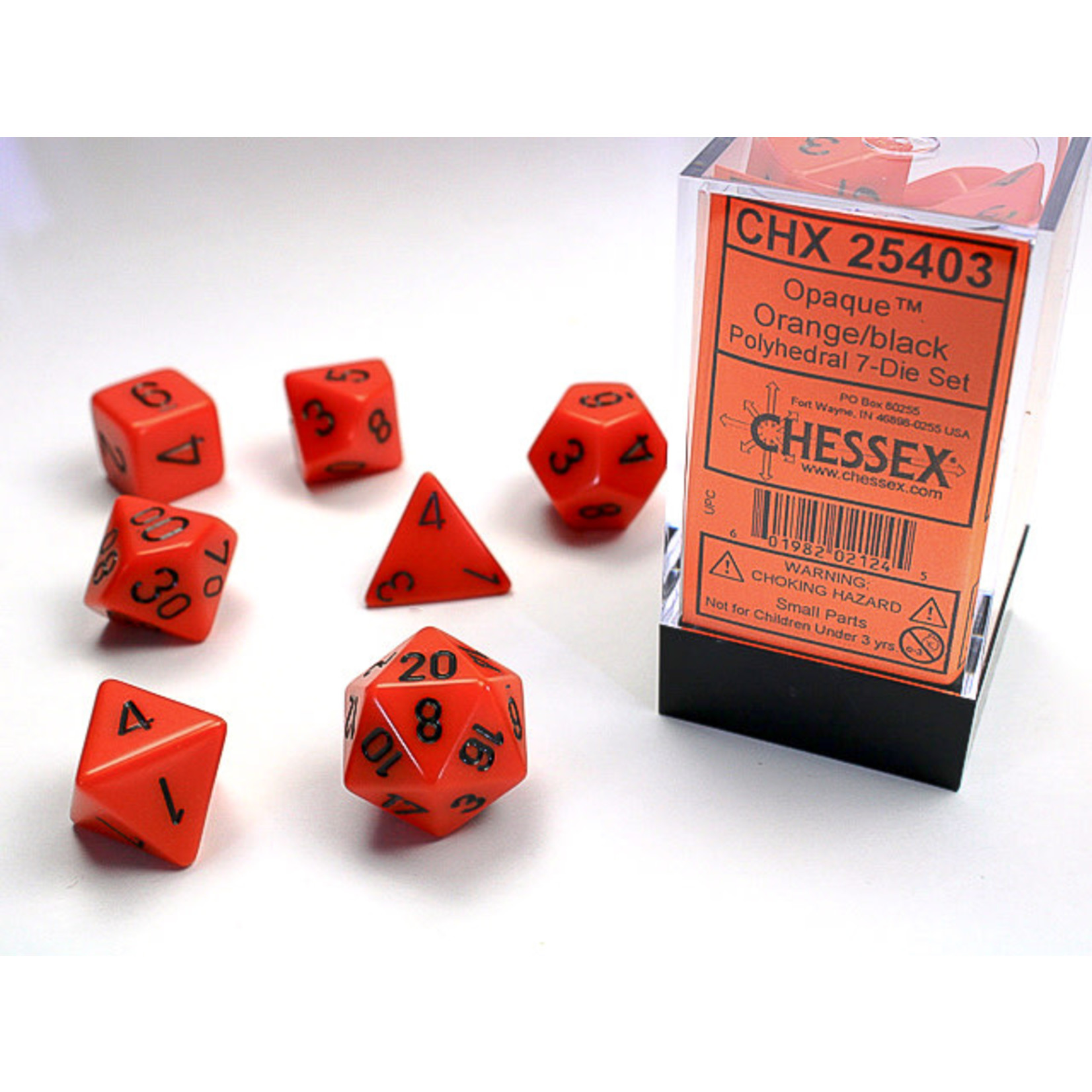 Chessex Opaque Dice: Orange / black | 7 Die Polyhedral Set | 25403