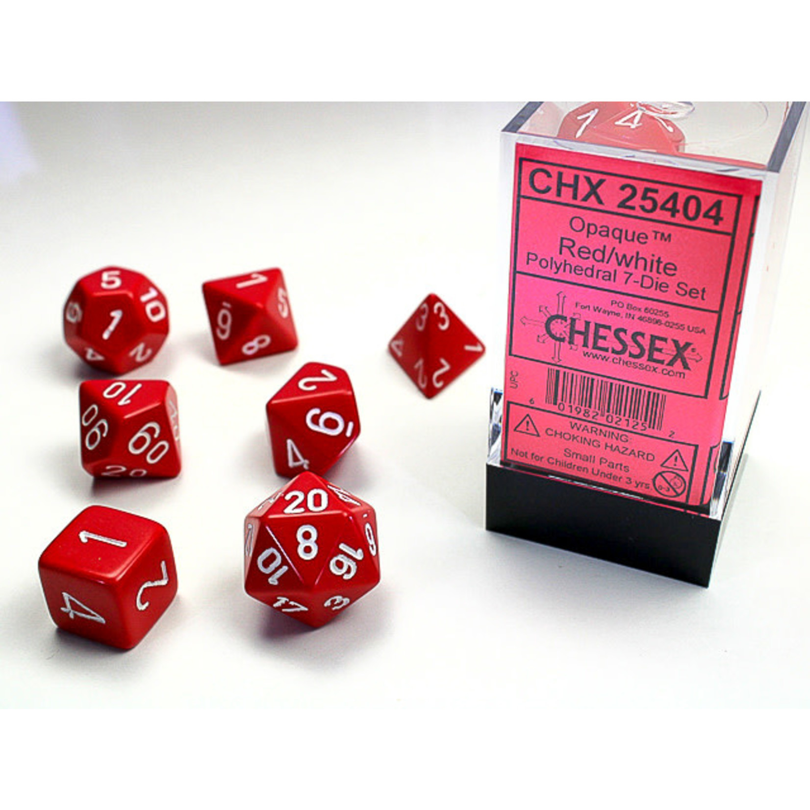 Chessex Opaque Dice: Red / white | 7 Die Polyhedral Set | 25404