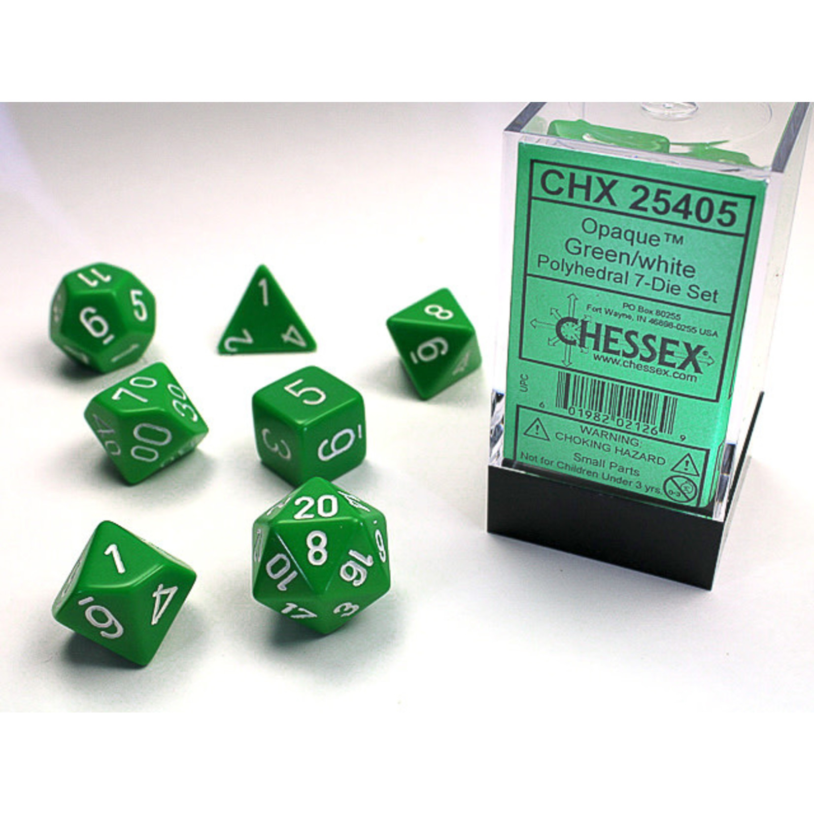 Chessex Opaque Dice: Green / white | 7 Die Polyhedral Set | 25405