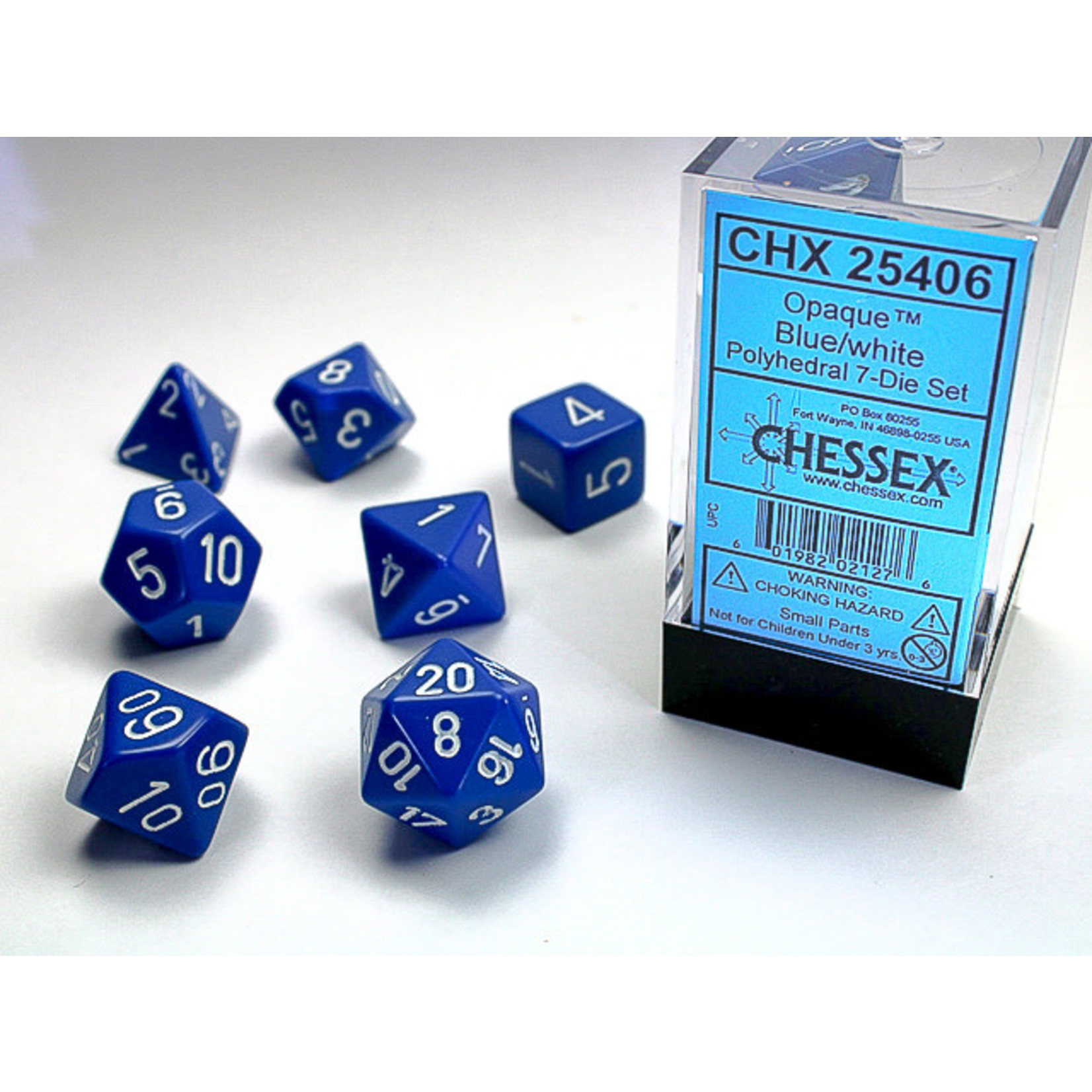 Chessex Opaque Dice: Blue / white | 7 Die Polyhedral Set | 25406
