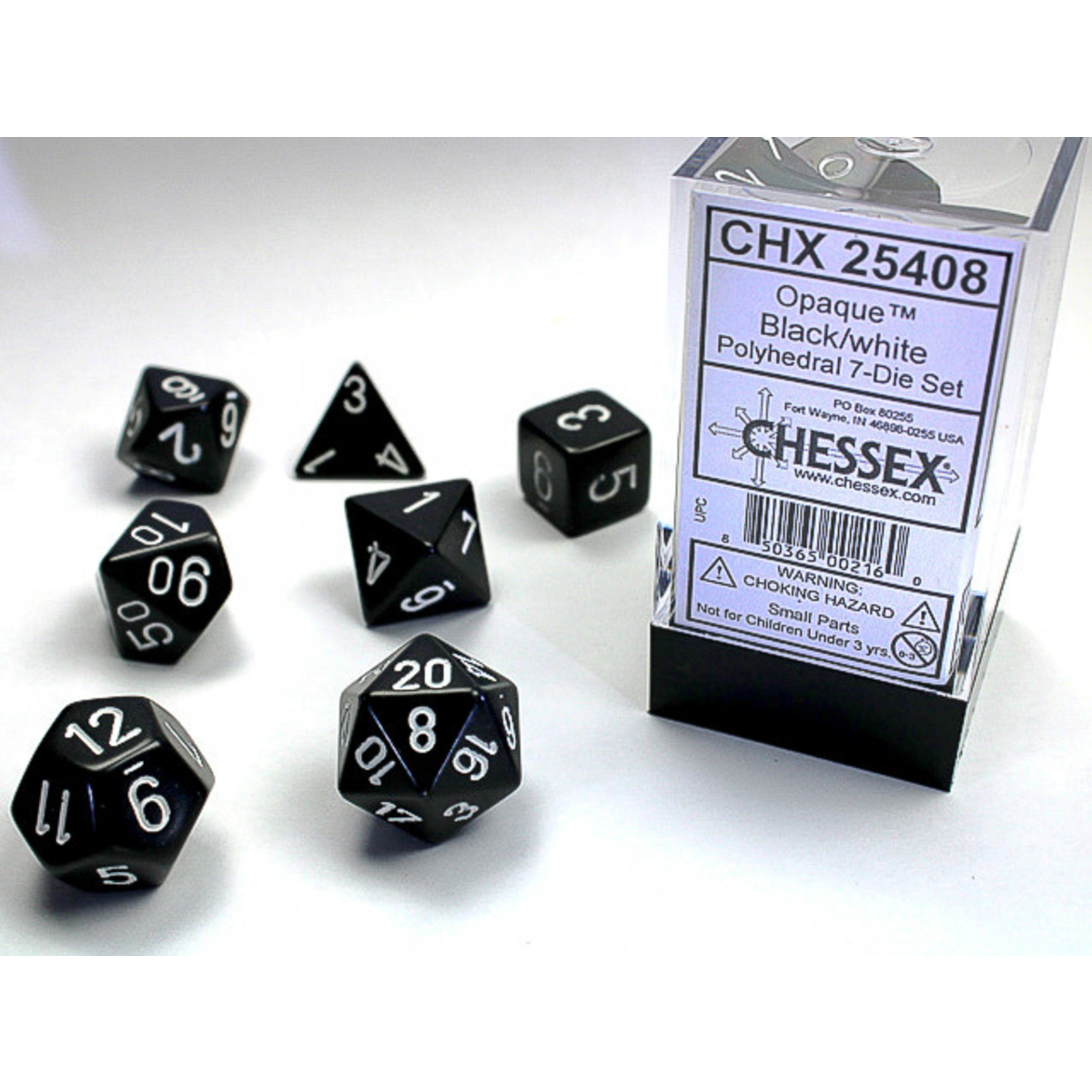 Chessex Opaque Dice: Black / white | 7 Die Polyhedral Set | 25408
