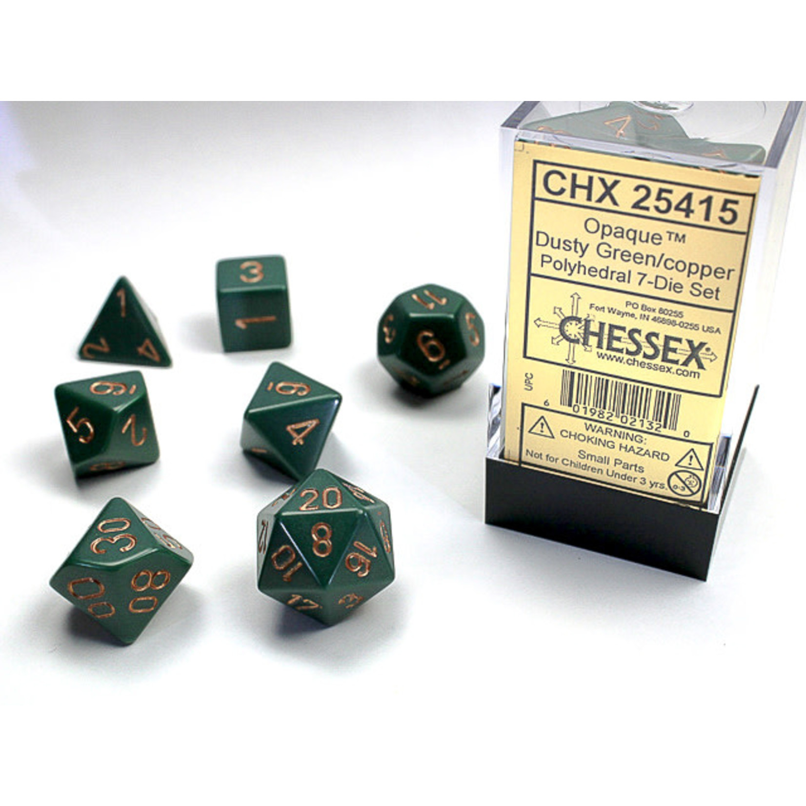 Chessex Opaque Dice: Dusty Green / copper | 7 Die Polyhedral Set | 25415