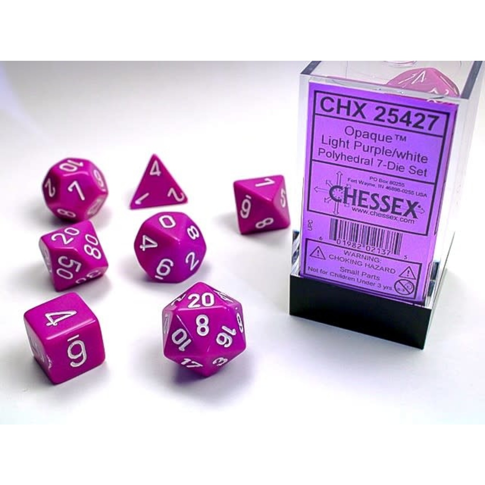 Chessex Opaque Dice: Light Purple / white | 7 Die Polyhedral Set | 25427