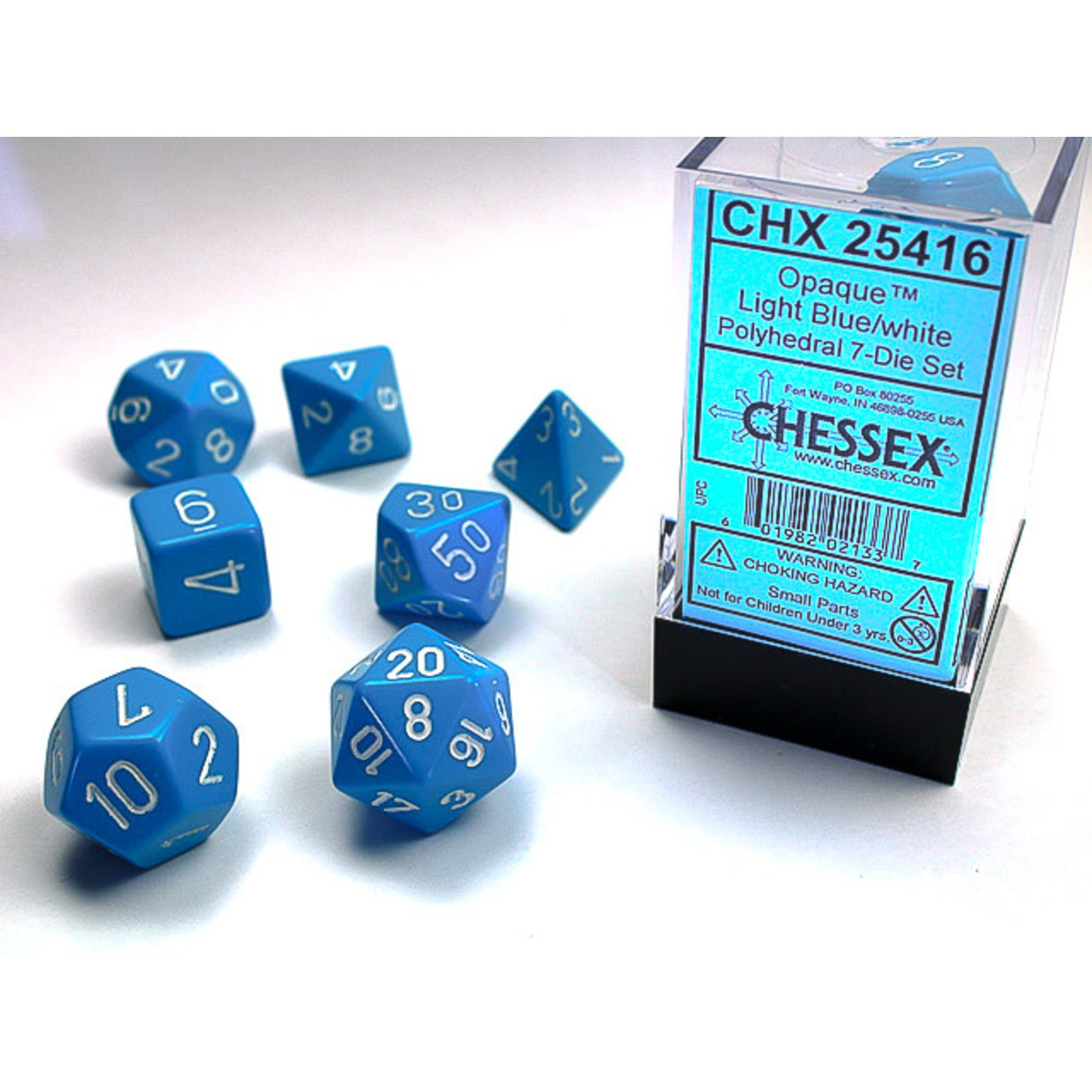 Chessex Opaque Dice: Light Blue / white | 7 Die Polyhedral Set | 25416